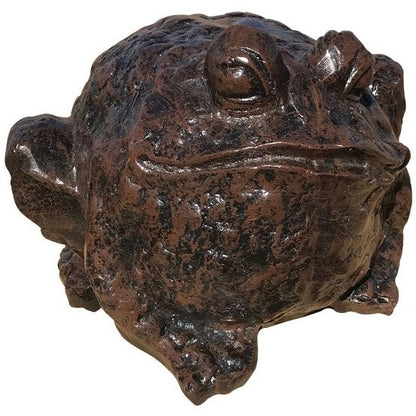 Cast aluminum frog statue for garden or yard decor, rustic bronze finish, detailed craftsmanship