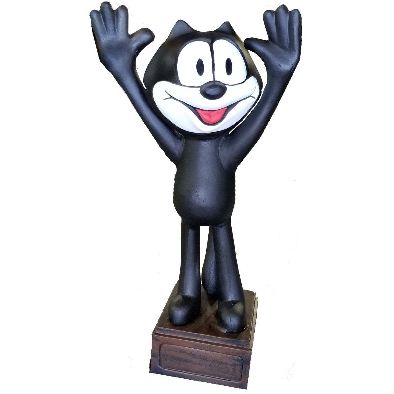 Cast aluminum Felix the Cat statue with raised arms, perfect for yard or home decor