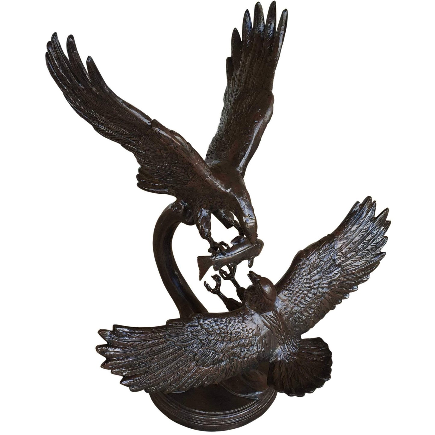 Cast aluminum eagle statue with outstretched wings, capturing fish, for yard or home decor