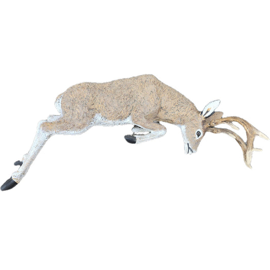 Cast aluminum deer statue in mid-leap pose, perfect for yard or garden decor with detailed antlers and natural finish.