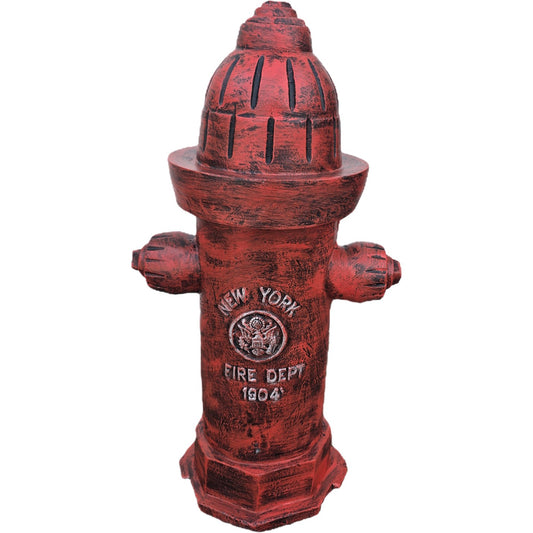 Red cast aluminum fire hydrant statue with 'New York Fire Dept 1904' detail, vintage outdoor decor