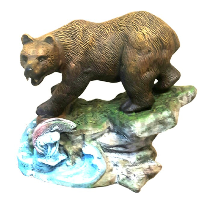 Cast aluminum bear statue catching fish on rocky stream base for yard or home decor