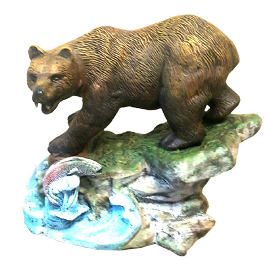 Cast aluminum bear statue catching fish on rocky stream base for yard or home decor