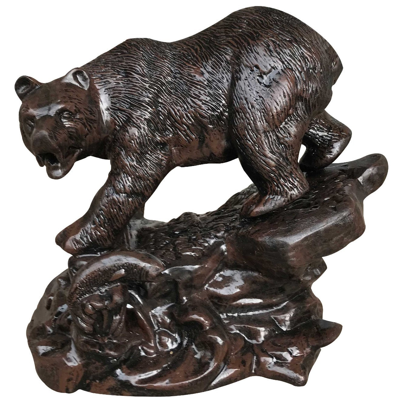 Cast aluminum bear statue with fish, rustic outdoor yard decor, detailed craftsmanship