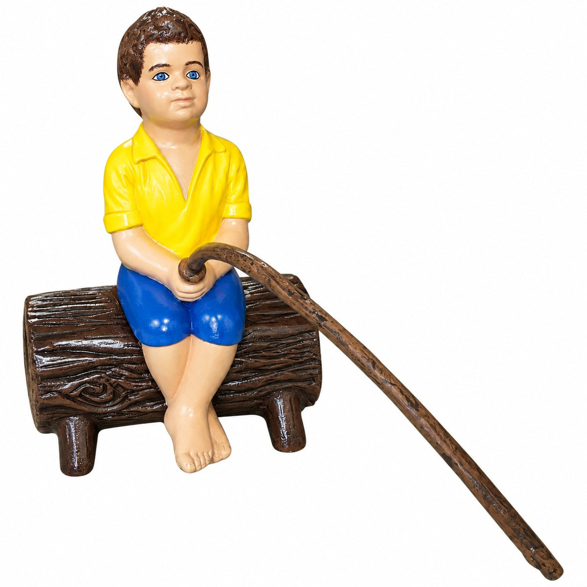 Cast aluminum boy fishing statue on log, outdoor garden decor