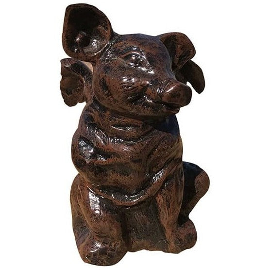 Cast aluminum pig statue for garden or yard decor, rustic bronze finish, charming outdoor accent piece