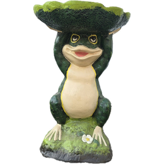 Cast aluminum frog statue with lily pad hat, garden decor for backyard or patio