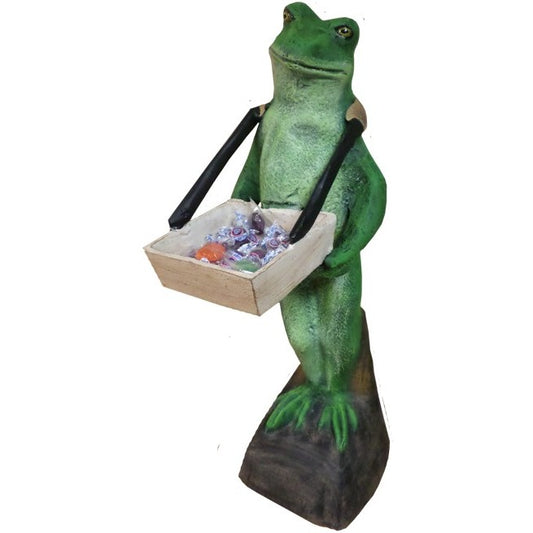 Cast aluminum frog statue holding a basket of colorful glass gems, perfect for garden or yard decor.