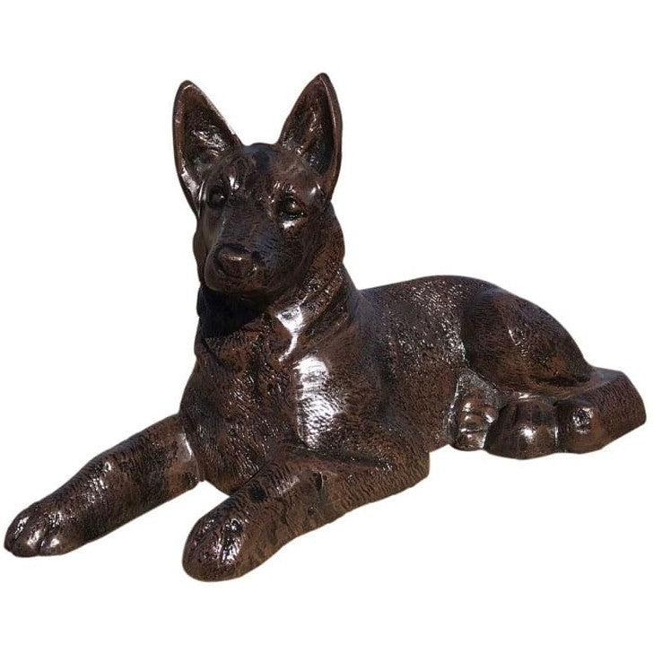 Cast aluminum German Shepherd statue for yard or home decor, lifelike lying pose, bronze finish