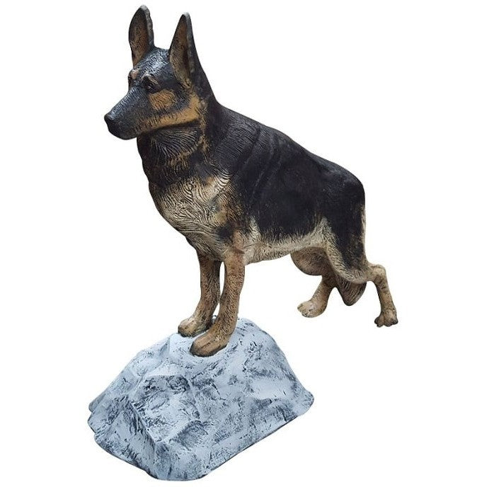 Cast aluminum German Shepherd statue on rock base for yard or home decor