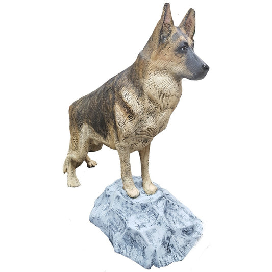 German Shepherd cast aluminum statue on rock base for yard or home decor