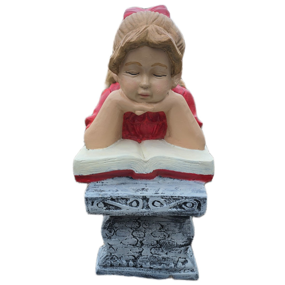 Cast aluminum girl statue reading book, garden decor with red dress and pedestal base