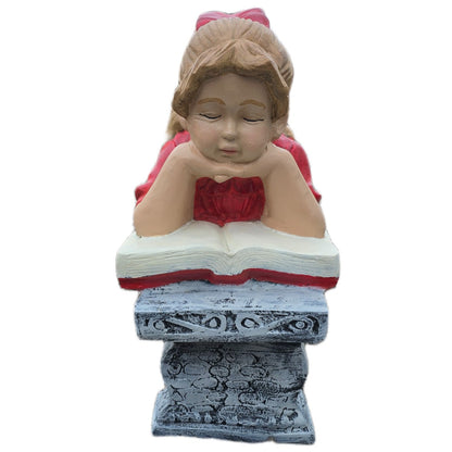 Cast aluminum girl statue reading book, garden decor with red dress and pedestal base