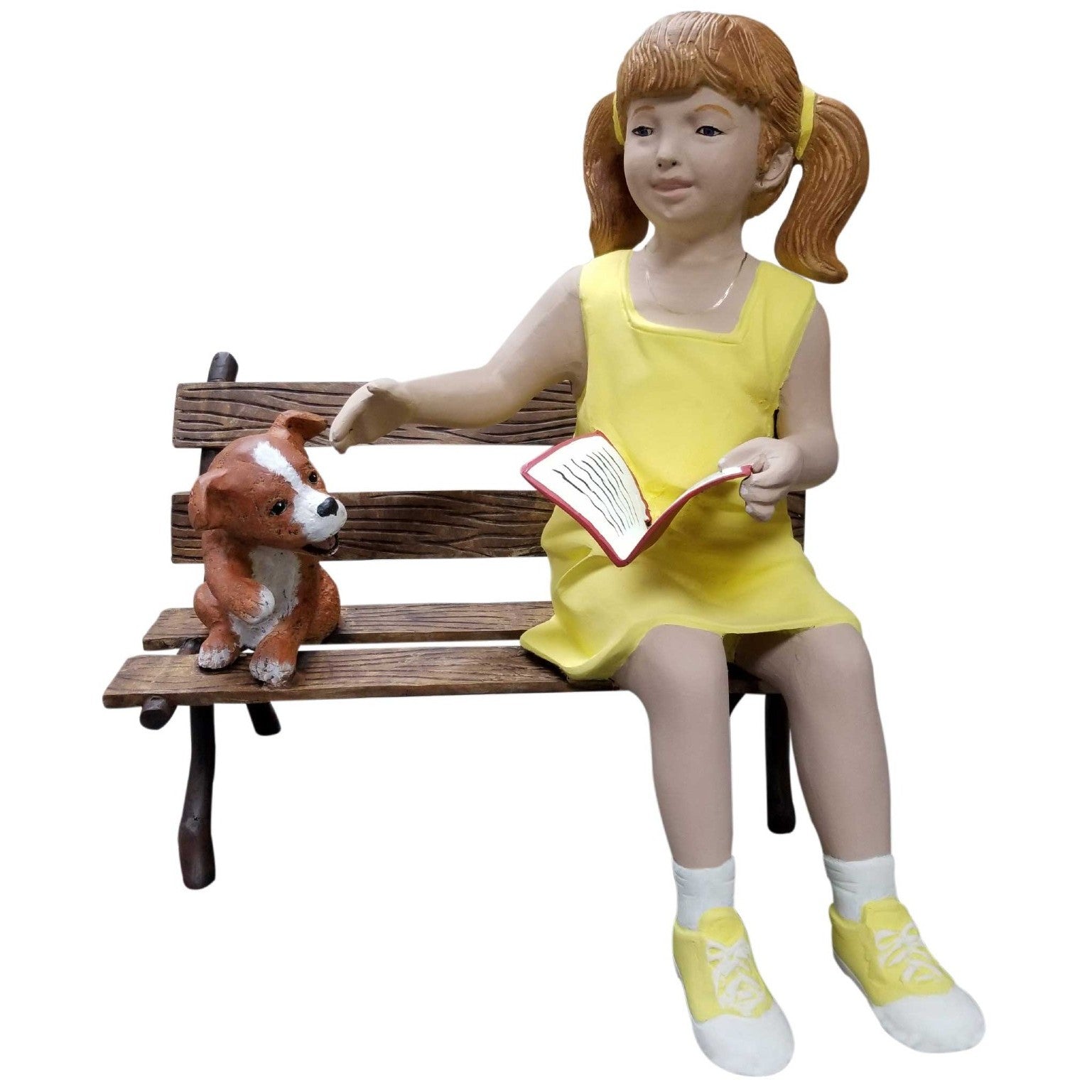 Cast aluminum girl reading book with dog on bench, outdoor garden statue decor