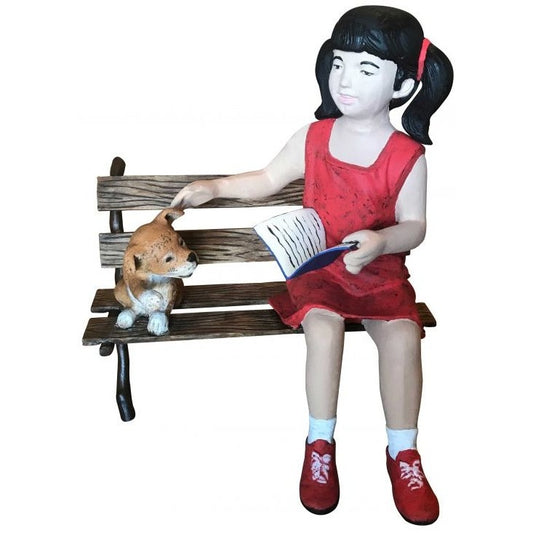 Cast aluminum girl reading book with dog on bench, outdoor garden statue decor