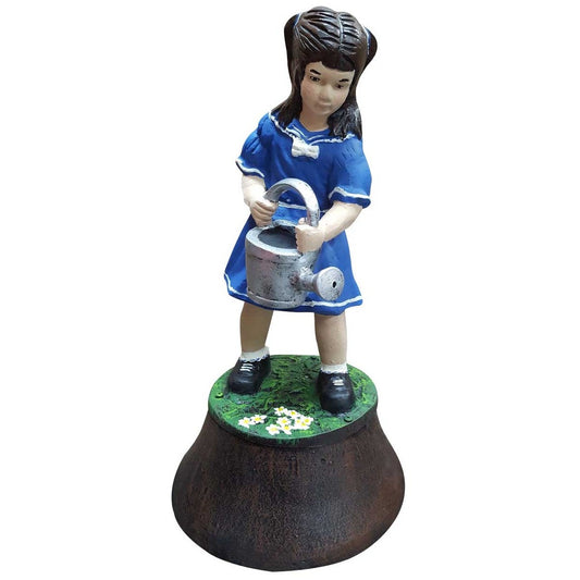 Cast aluminum girl statue in blue dress holding watering can, garden decor with floral base