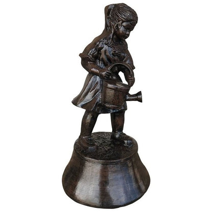 Cast aluminum garden statue of girl holding watering can, rustic yard decor