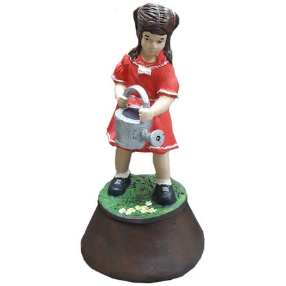 Cast aluminum girl statue in red dress holding watering can, garden decor for yard or home