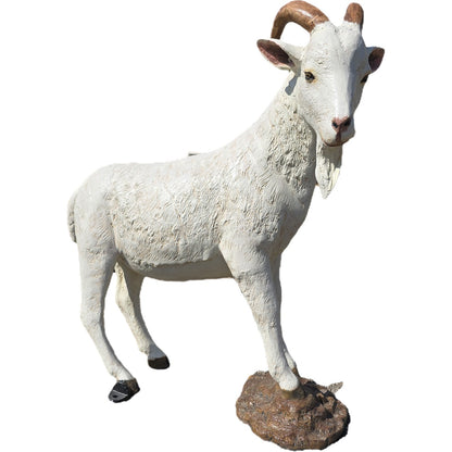 White cast aluminum ram statue with curved horns for yard or garden decor