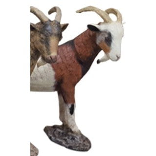 Cast aluminum goat statue with curved horns, rustic finish, perfect for backyard or garden decor
