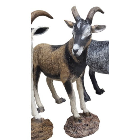 Cast aluminum ram statue with curved horns, detailed fur texture, standing on rocky base for yard decor