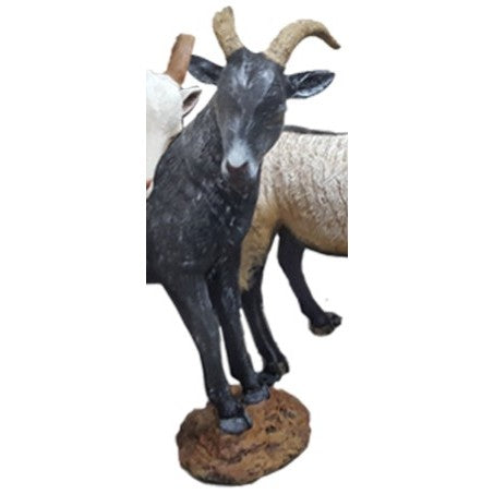 Cast aluminum black goat statue with curved horns, ideal for backyard or garden decor