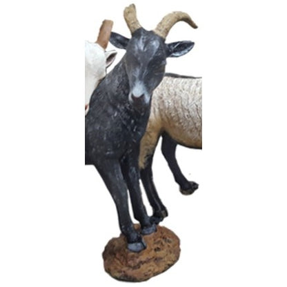 Cast aluminum black goat statue with curved horns, ideal for backyard or garden decor