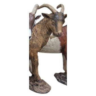 Cast aluminum goat statue with curved horns, rustic finish for yard or home decor
