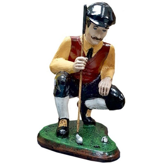 Cast aluminum golfer statue crouching with club, perfect for yard or home decor