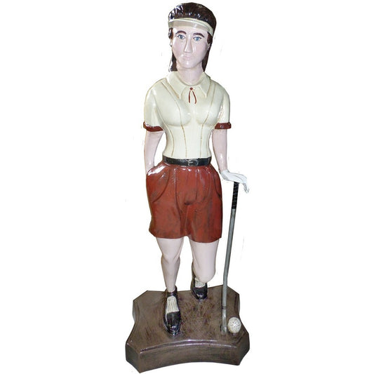 Cast aluminum female golfer statue with club and ball, ideal for yard or home decor