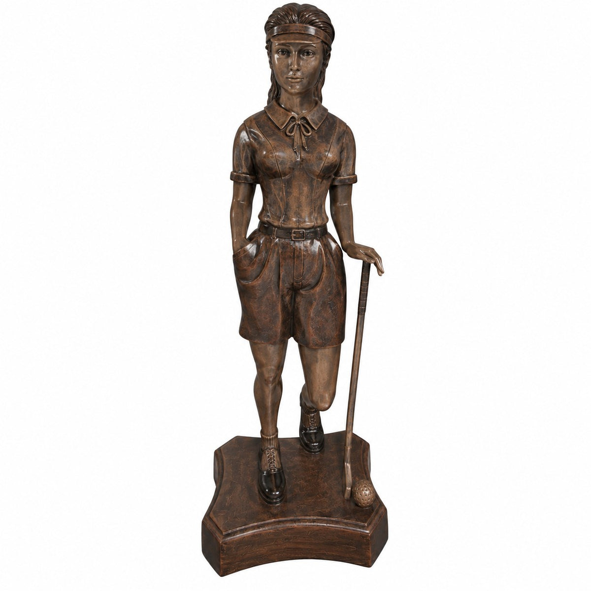 Cast aluminum golfer lady on bronze colored base for indoor or outdoor display.