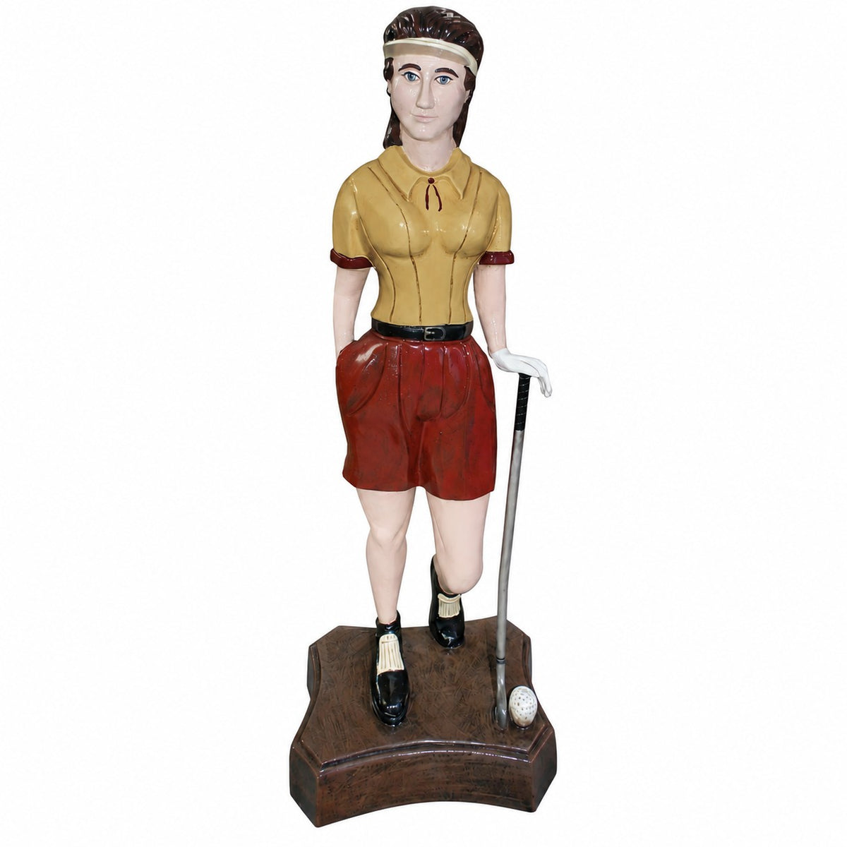 Cast aluminum golfer lady on bronze colored base for indoor or outdoor display.
