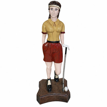 Cast aluminum golfer lady on bronze colored base for indoor or outdoor display.