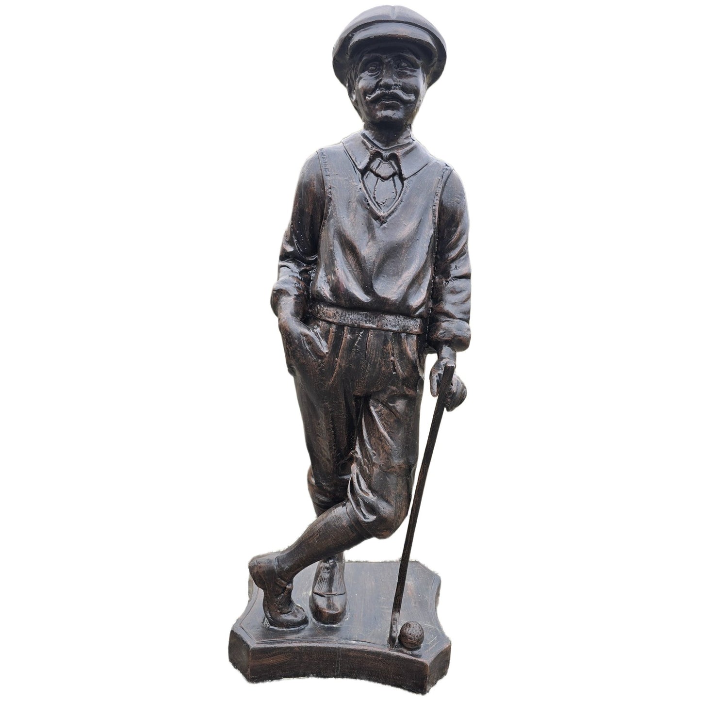 Cast aluminum golfer statue with vintage attire, holding club, ideal for yard or home decor