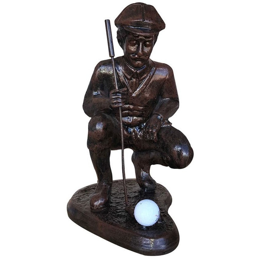 Cast aluminum golfer statue holding club, crouching beside golf ball, outdoor yard decor