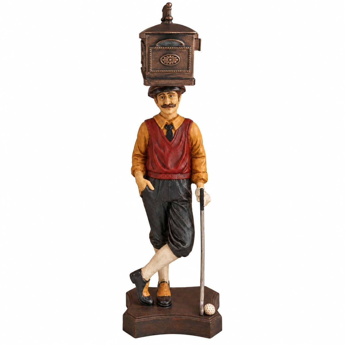Cast aluminum mailbox on a golfer in rustic antique colors