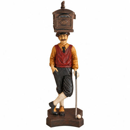 Cast aluminum mailbox on a golfer in rustic antique colors