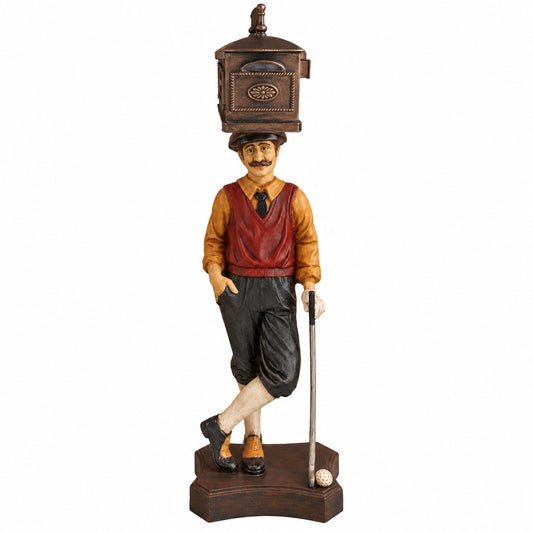 Cast aluminum mailbox on a golfer in rustic antique colors
