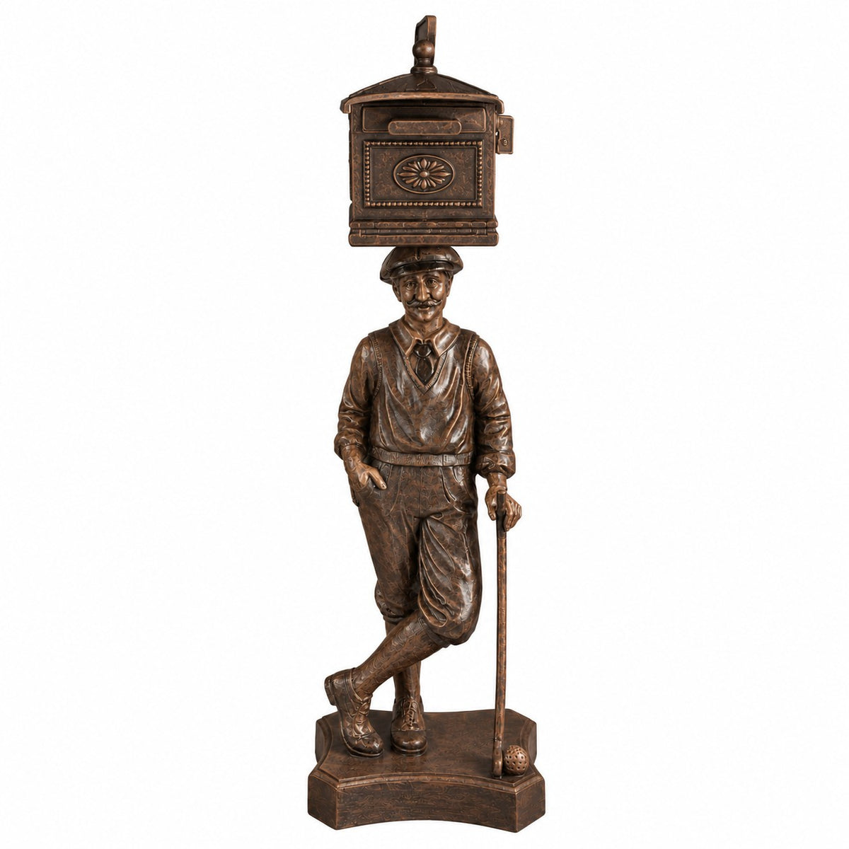Cast aluminum mailbox on a golfer in bronze finishes