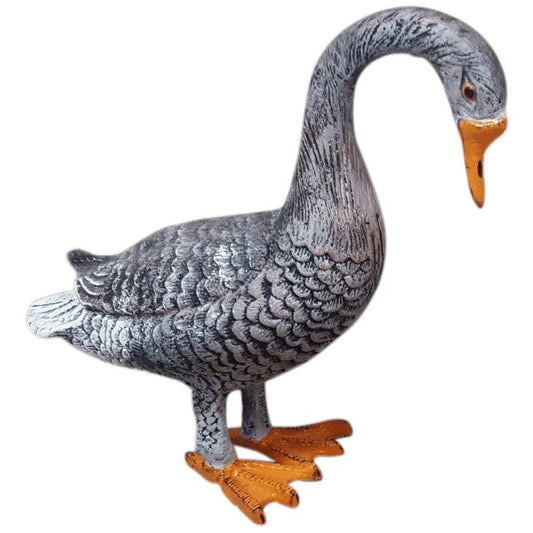Cast aluminum goose statue with gray feathers and orange beak, perfect for yard or home decor