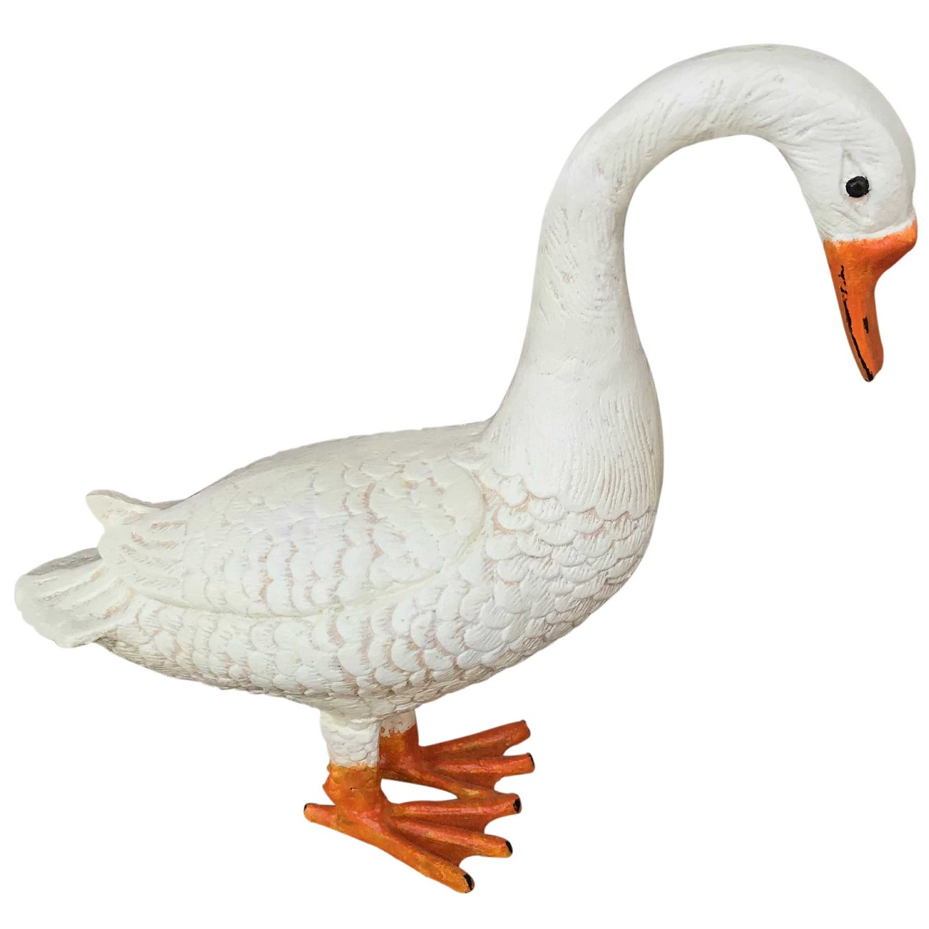 White cast aluminum goose statue with orange beak and feet for yard or home decor