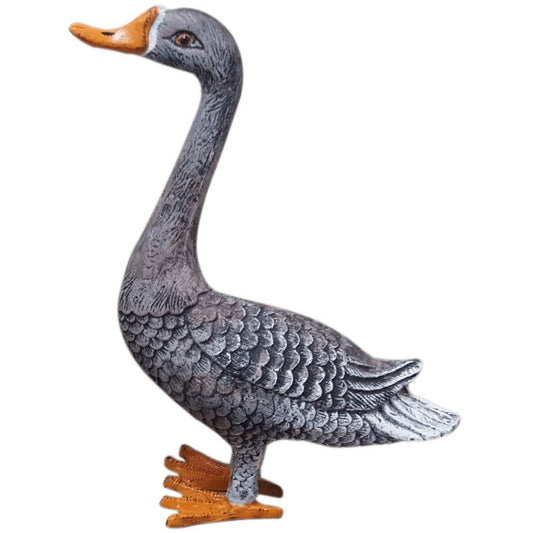 Cast aluminum goose statue with gray feathers and orange beak, ideal for yard or home decor