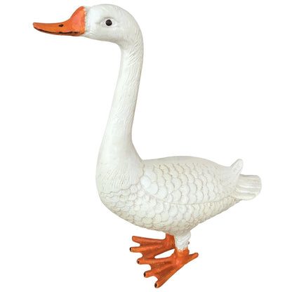 White cast aluminum goose statue with orange beak and feet, ideal for yard or home decor