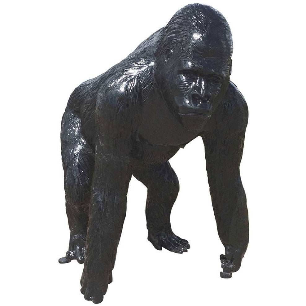 Large black cast aluminum gorilla statue for yard or home decor, detailed craftsmanship