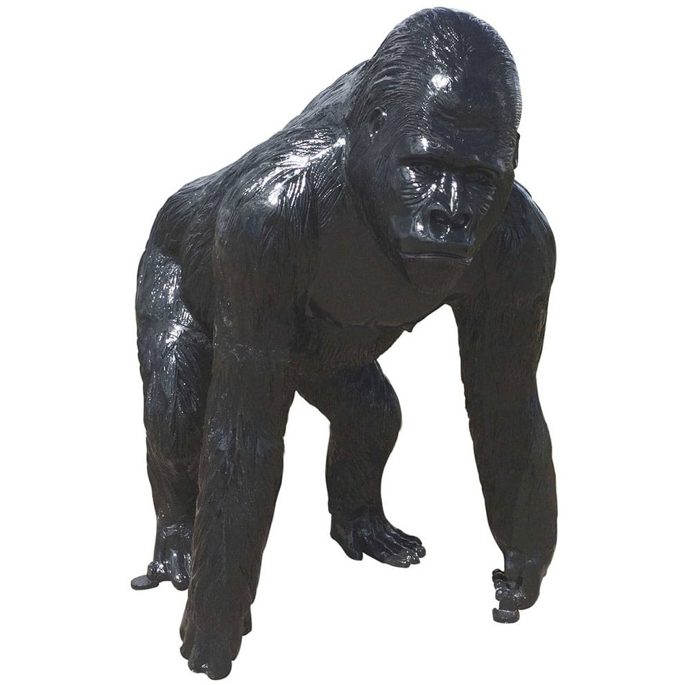 Large black cast aluminum gorilla statue for yard or home decor, detailed craftsmanship