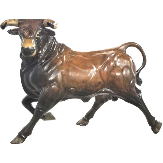 Cast aluminum bull statue for yard or home decor, featuring detailed musculature and bronze finish