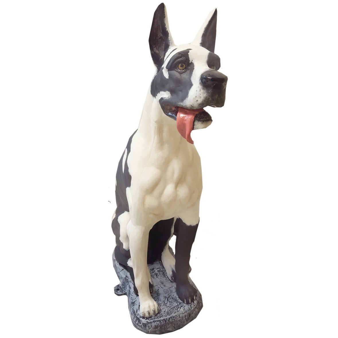 Cast aluminum Great Dane statue for yard or home decor, black and white with tongue out