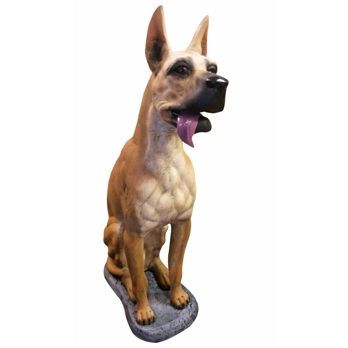 Cast aluminum Great Dane statue for yard or home decor, detailed sitting pose with tongue out