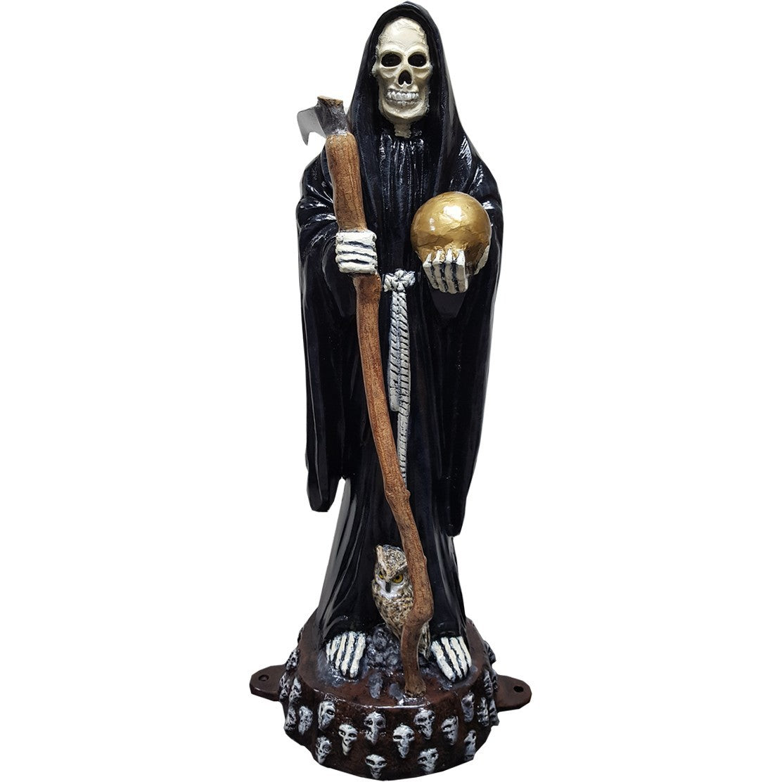 Cast aluminum Grim Reaper statue with scythe, golden skull, and owl base for yard decor