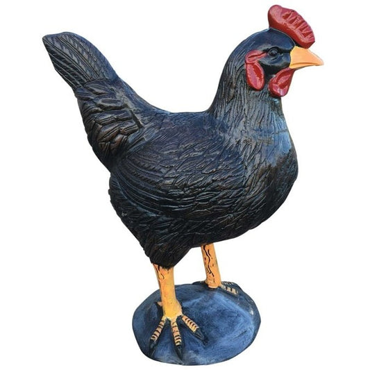 Cast aluminum black rooster statue with red comb, ideal for yard or garden decor